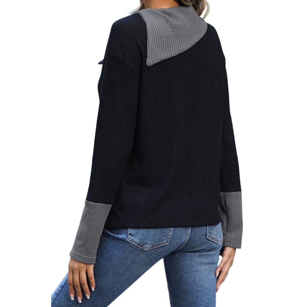 Black Waffle Knit Patchwork Color Block Asymmetrical Neck Top New Size Small - Picture 7 of 10